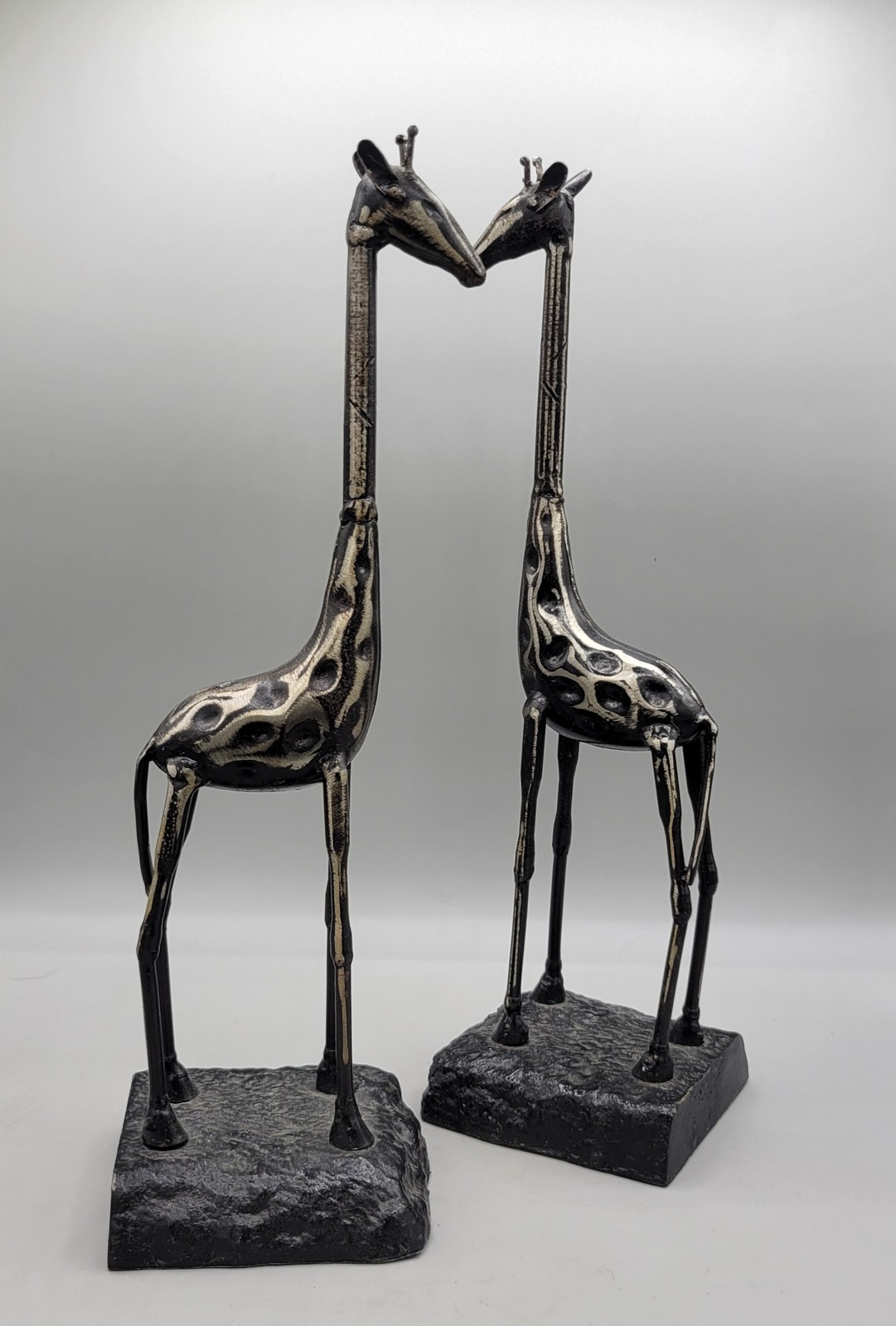 Giraffe Couple Figurines Set African Safari Decor Black Silver Gold Forged Iron