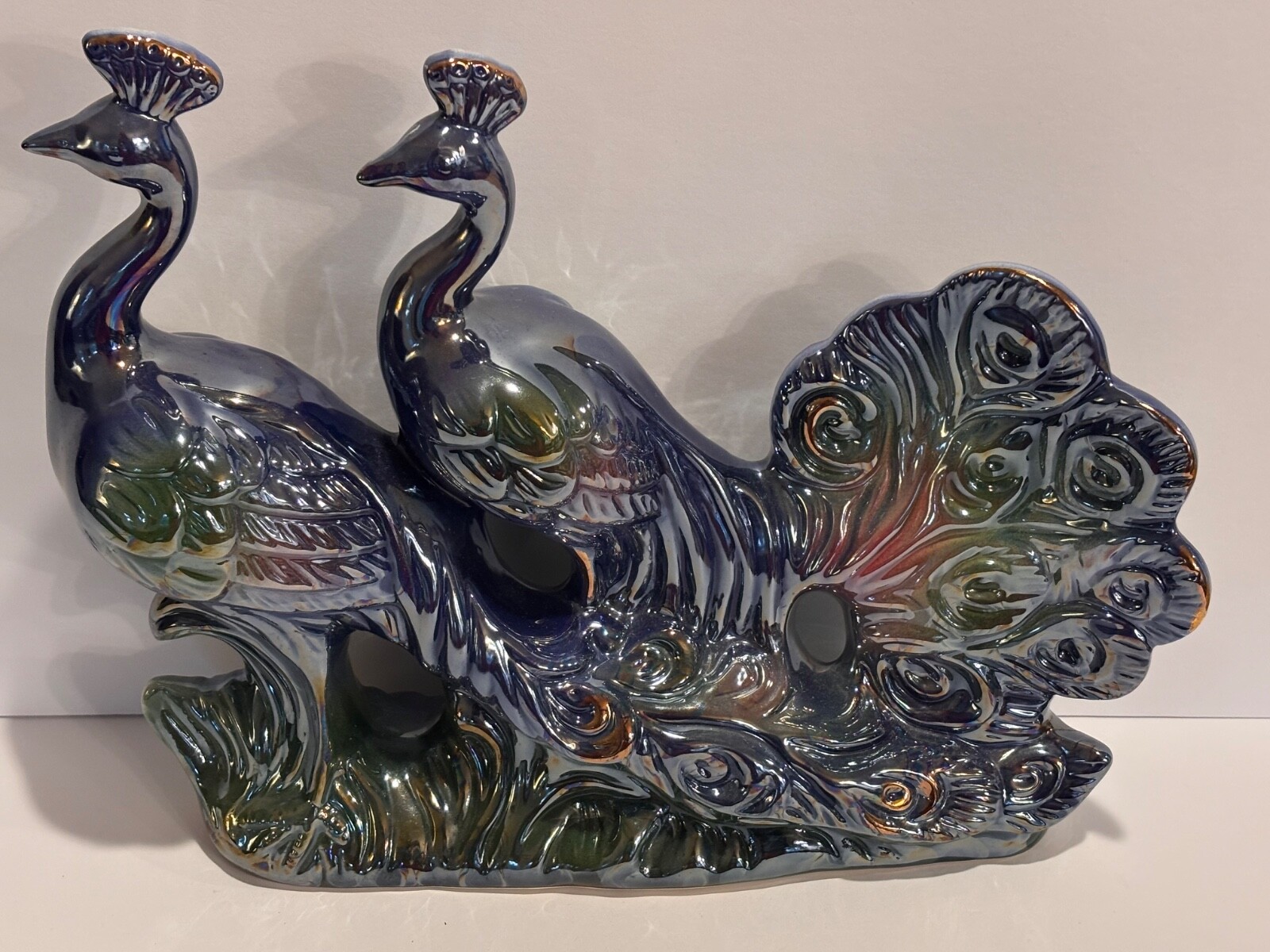Large Double Peacock Figure 50s Vintage Lusterware Iridescent blue green pink