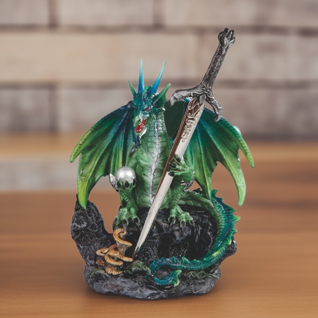 6″H Green Dragon with Sword Figurine Ornament Home Decor Unique Gift