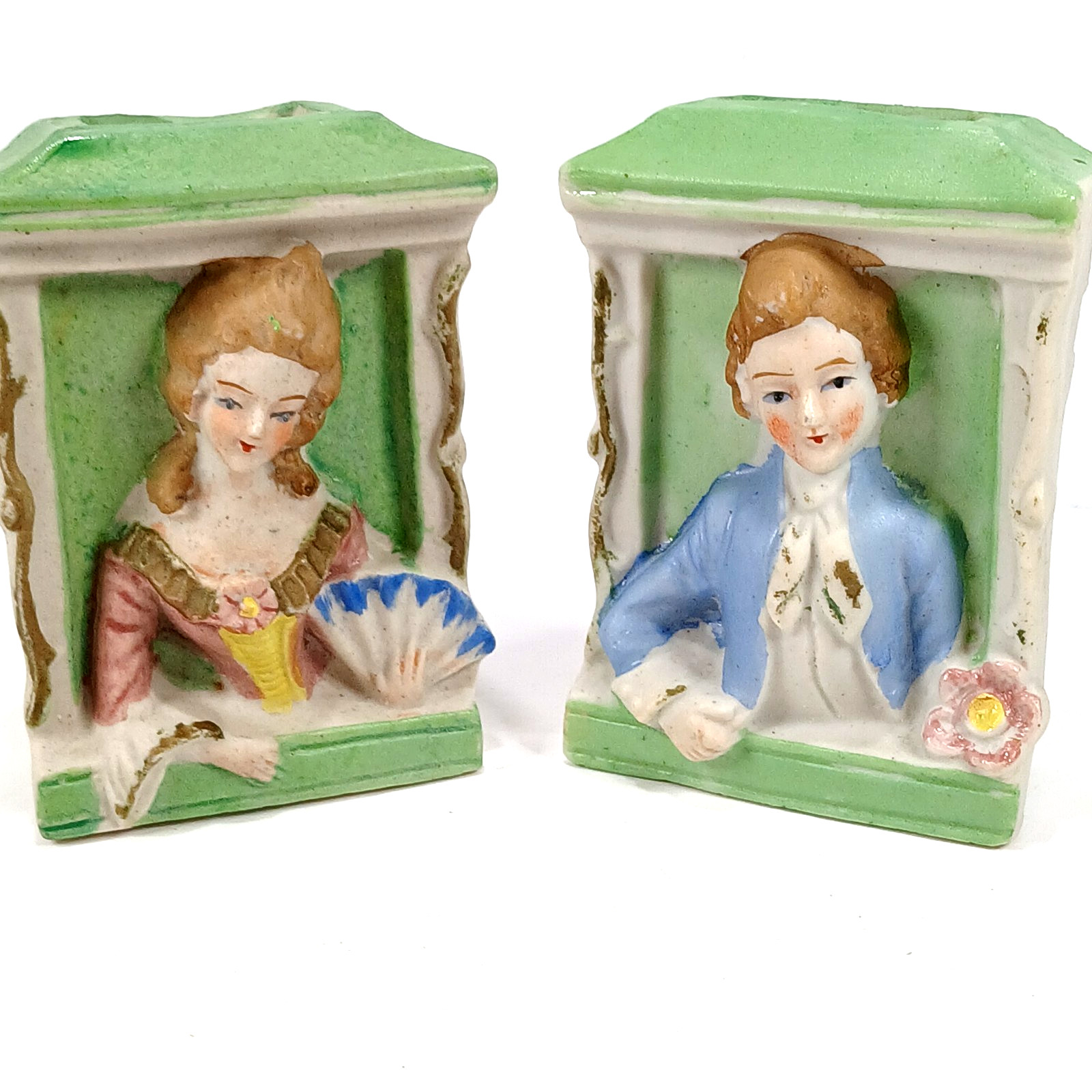 Occupied Japan Mini Wall Pockets Victorian Couple in Windows Ceramic 3.75″