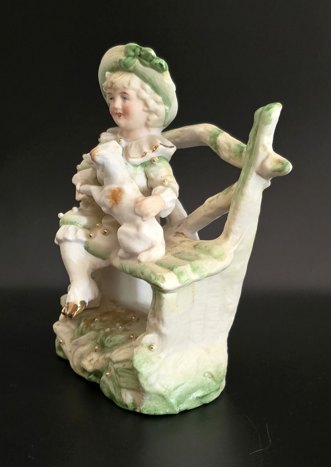Victorian Figurine Small Child & Terrier Cross Legged on Outdoor Rustic Seat