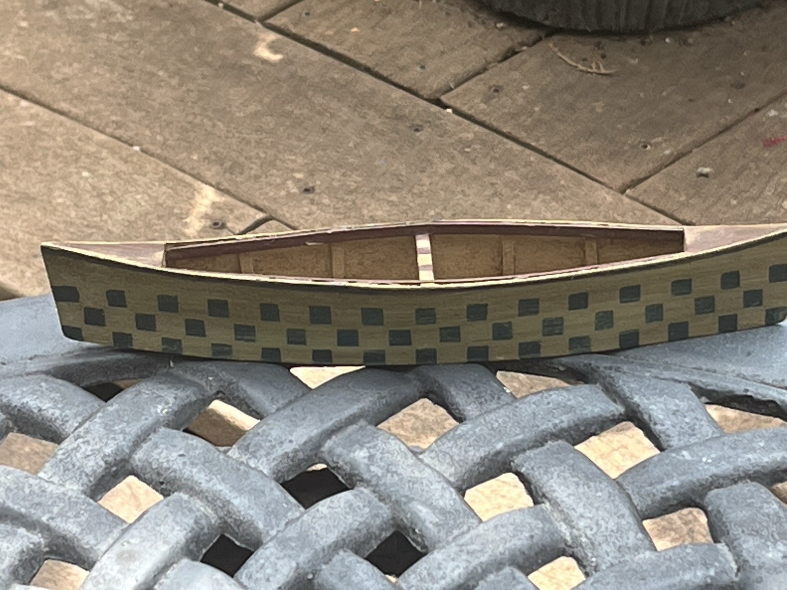 Miniature Decorative Canoe Wood Handcrafted Checkered Hull 9”