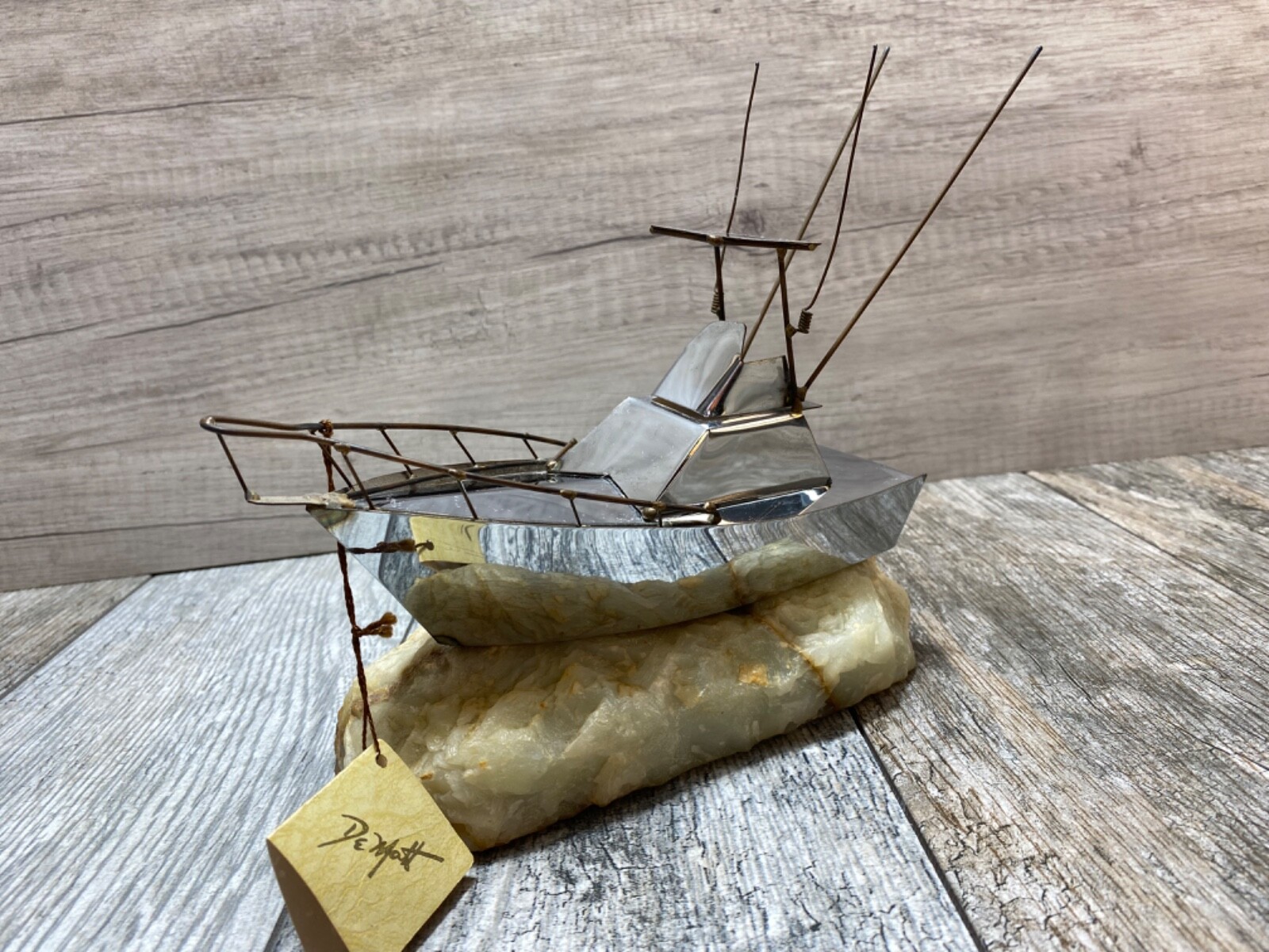 Vintage John DeMott Metal Brass sport fishing boat yacht Sculpture Stone Base
