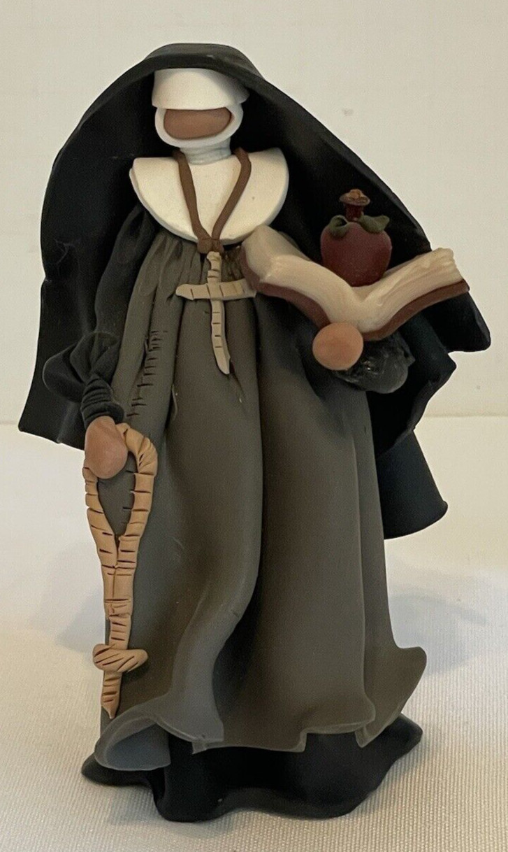 Clay Nun Figurine Holding Cane, Holy Water Container & Hymnal Bible 4.5 Inches