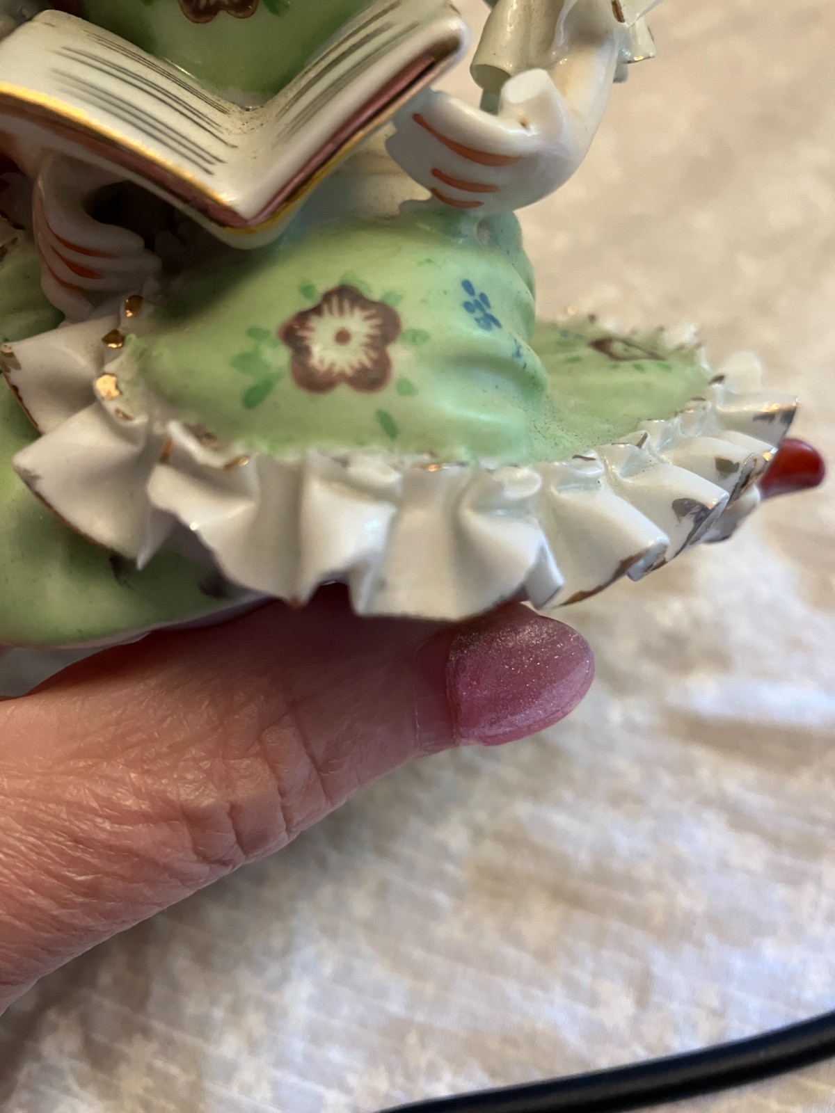 vintage Wales porcelain. Meissen style bone china. Lace boy with flute and girl