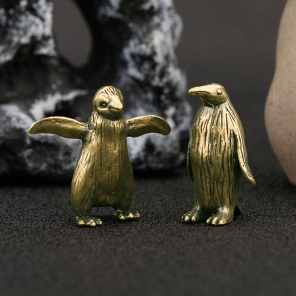 2PCS Brass Penguin Figurine Small Statue Home Ornaments Animal Figurines Toys #