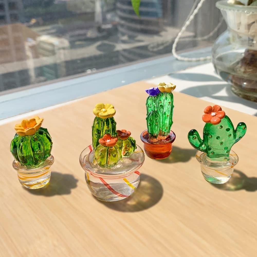 Handmade Blown Glass Cactus Figurines: Miniature Crystal Decor Set