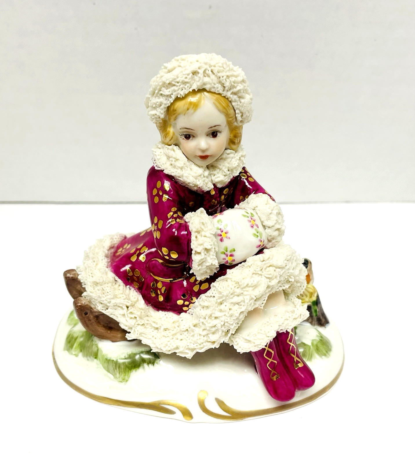 Irish Dresden WINTER IRELAND Handmade Lace Girl Figurine w Bird