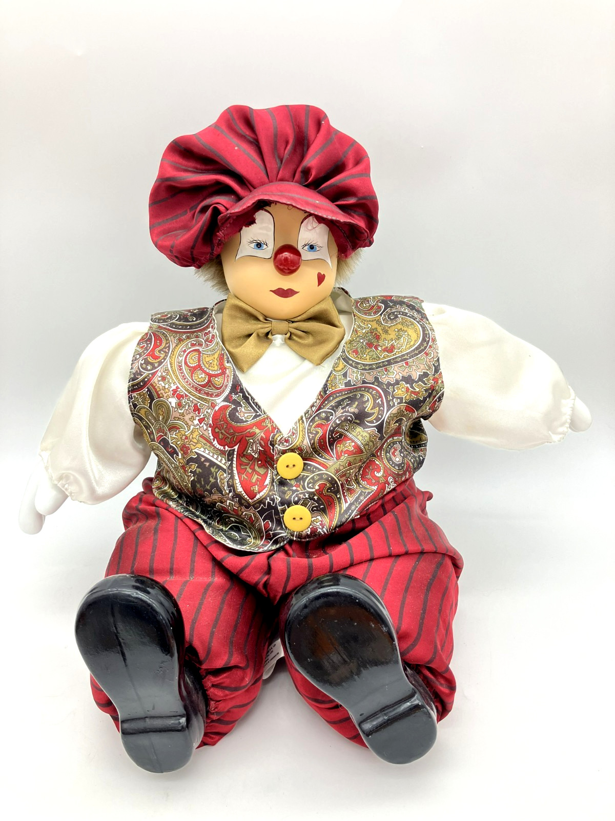 Gold Deer & CO. SITTING CLOWN Porcelain Head, Hands, & Feet 14″ Cotton Stuffed