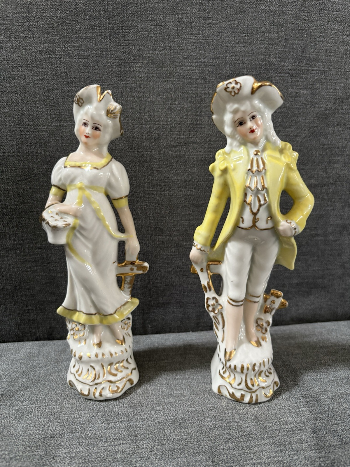 Vintage Ransgil Bone China Yellow And Gold Colonial Couple Figurines EUC