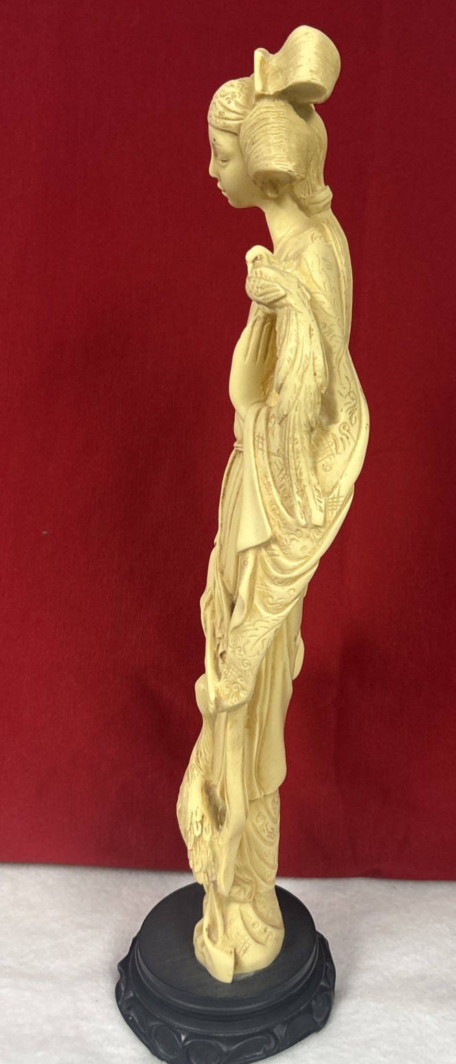 Vtg Oriental Figurine Statue Asian Woman with Birds 20” Carved Resin Signed