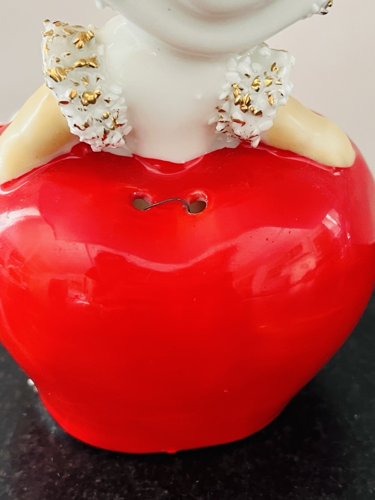 Vintage Lefton Valentine Ceramic Girl Bell Figurine Red Hearts Spaghetti Trim 4″