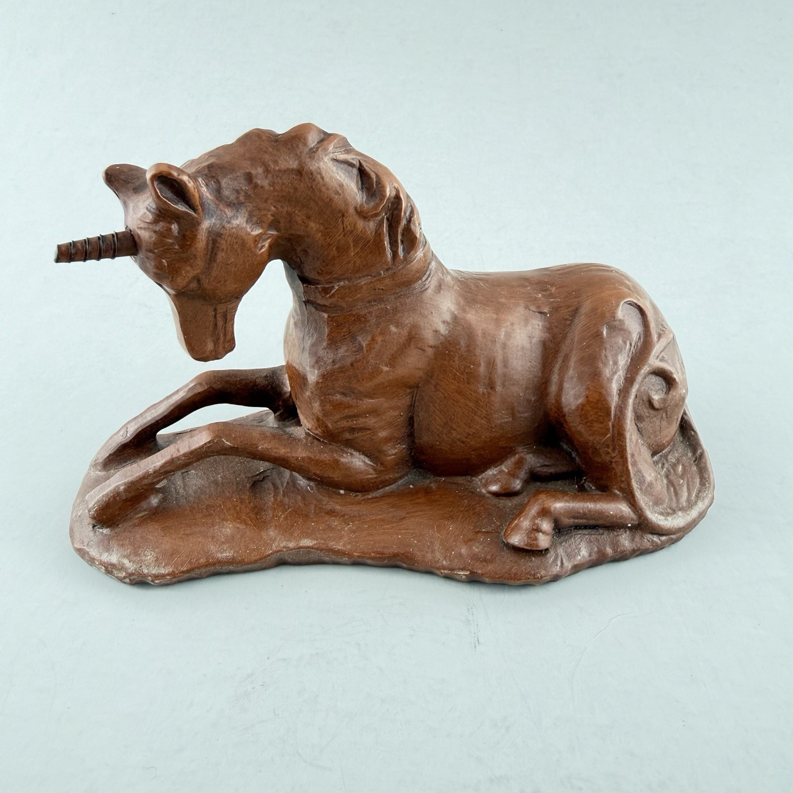 Vintage Unicorn Figurine Carved Resin Brown Red Mill Mfg. Resting Detailed READ