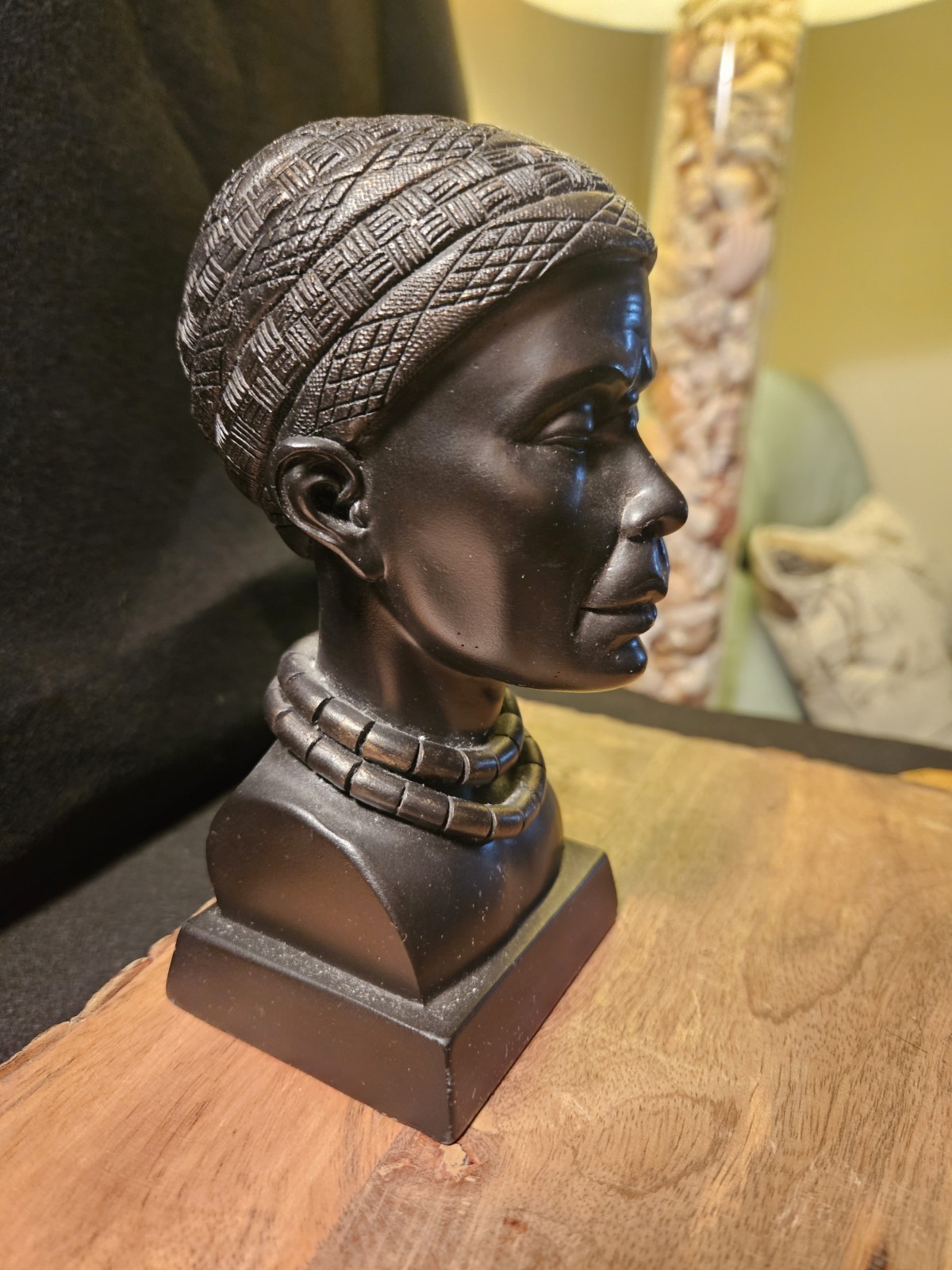 African Woman Bust Figurine Matte Black Textured Resin Sculpture 3in Square Base