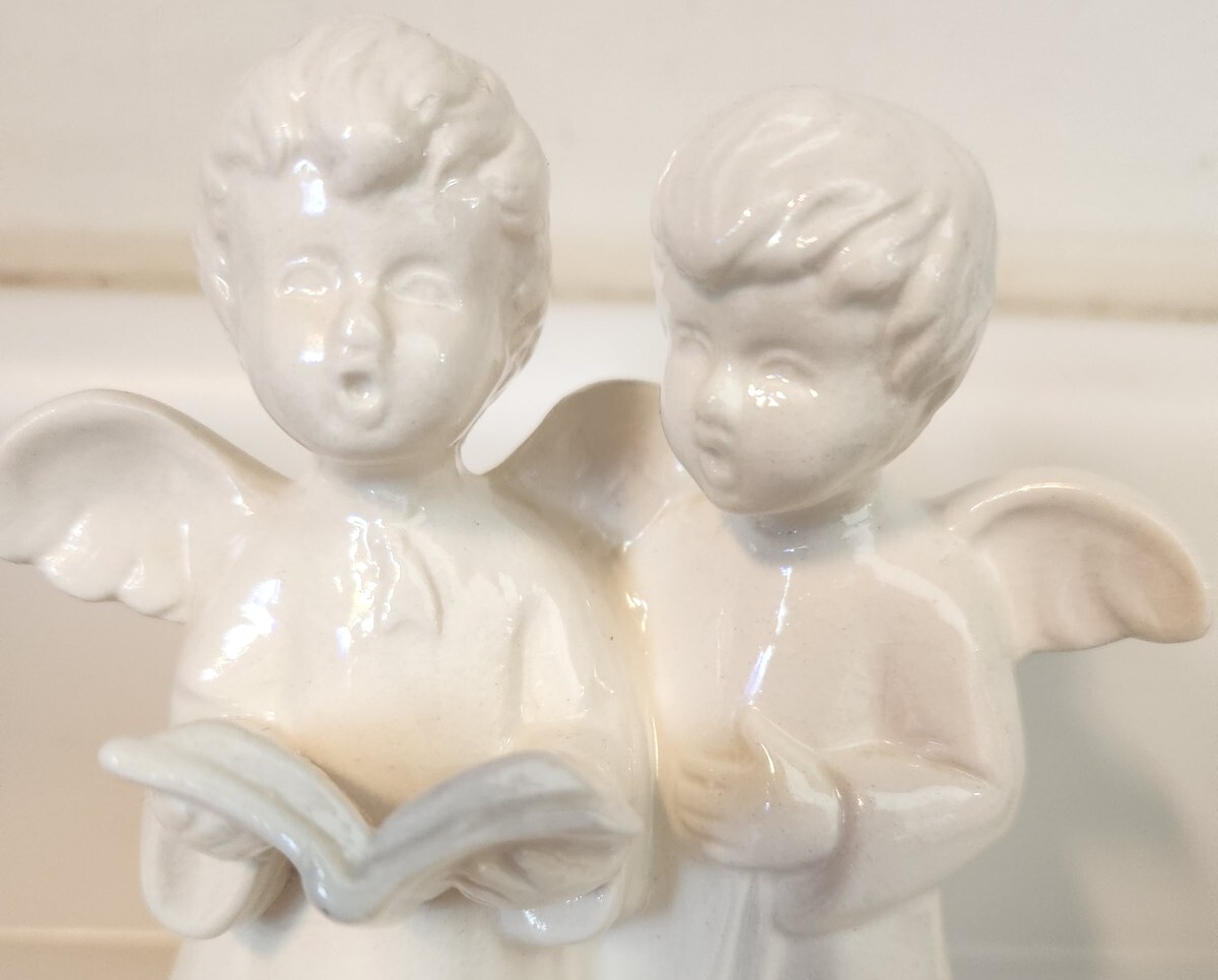 Lefton CAROLING ANGELS PORCELAIN CANDLE HOLDER BACK vintage white 1997 5 1/2 in