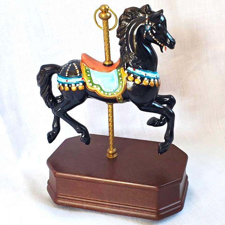 Carousel Horse Music Box Painted Black Brown Gold Blue w/ Wooden Base