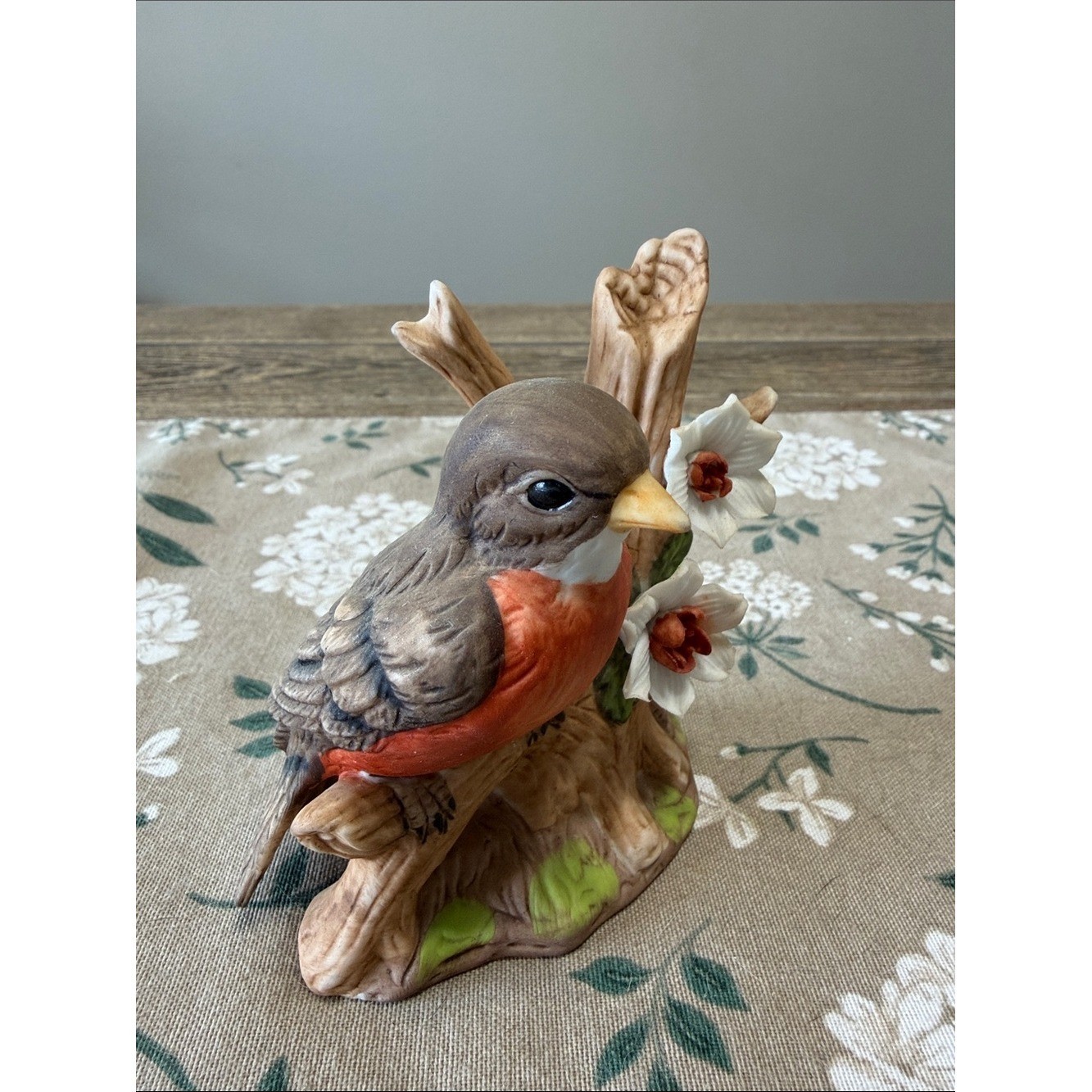 VTG Decorative Bird Figurine with Orange Chest and White Flowers Adorable!