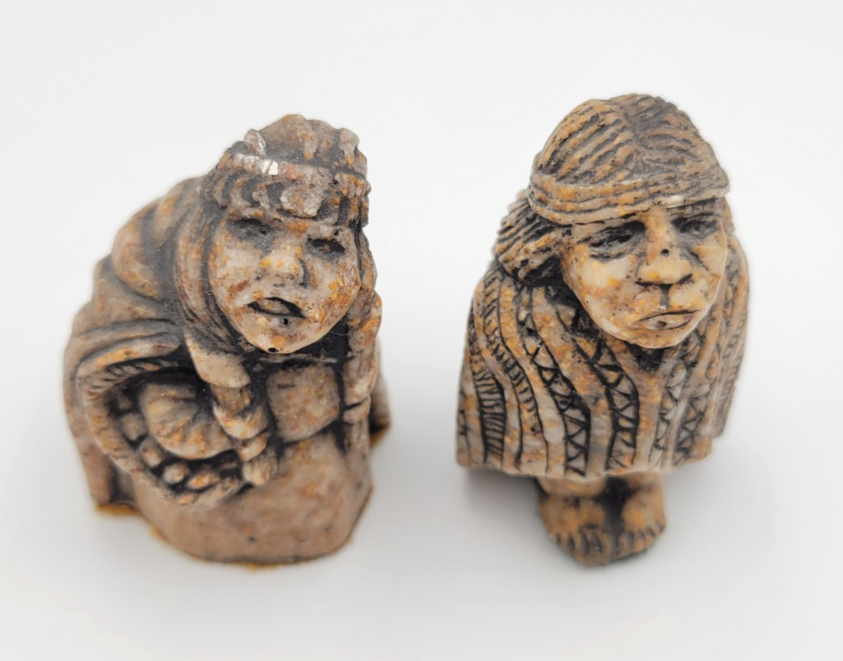 Vintage From Chile Carved Stone Folk Art Figurines Indigenous Man Woman Signed