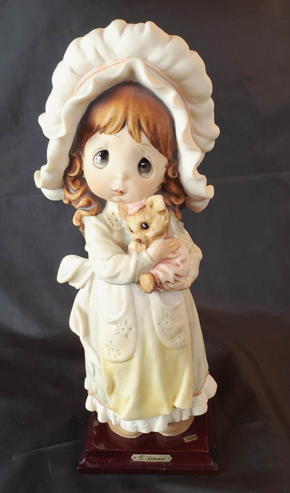G. Armani Girl in Sleep Bonnet w/Bear 1984 Precious Memories Look Heavy 13.75″ H