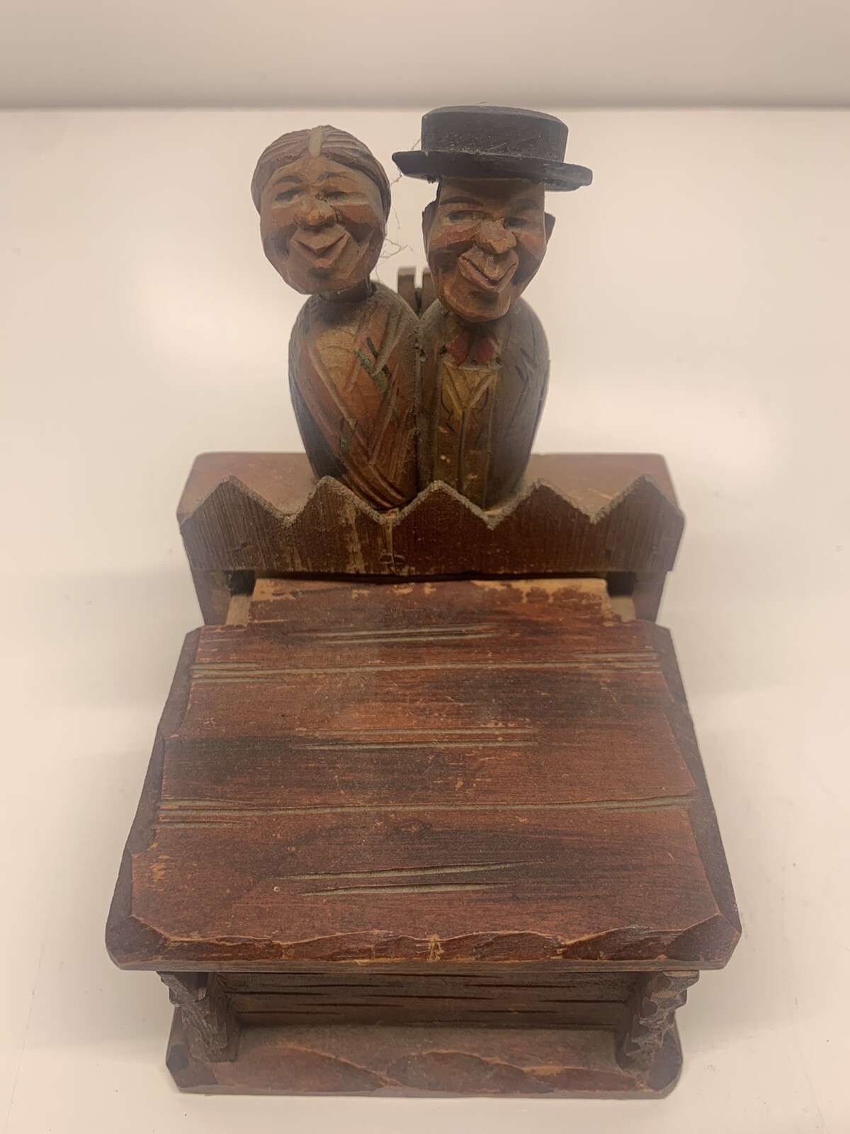 Vintage Anri Man Woman Wooden Figures Box Old Carved Art Carving
