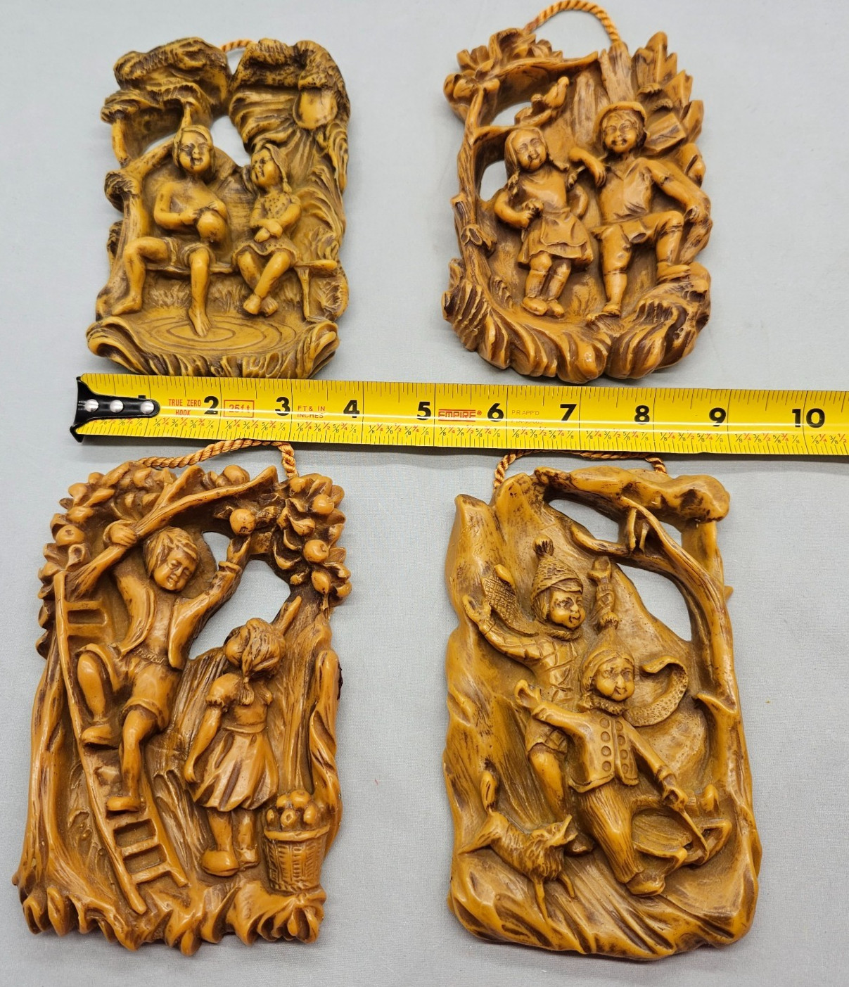 4 Vtg German Wax Relief Wall Decoration Boy & Girl Portraying Four Seasons Brown