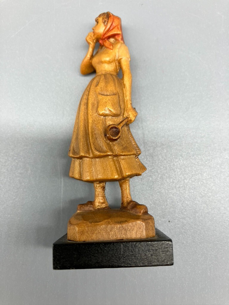 VINTAGE ANRI CARVED WOODEN FIGURINE STANDING GIRL WITH SPOON 3 1/4 INCHES TALL