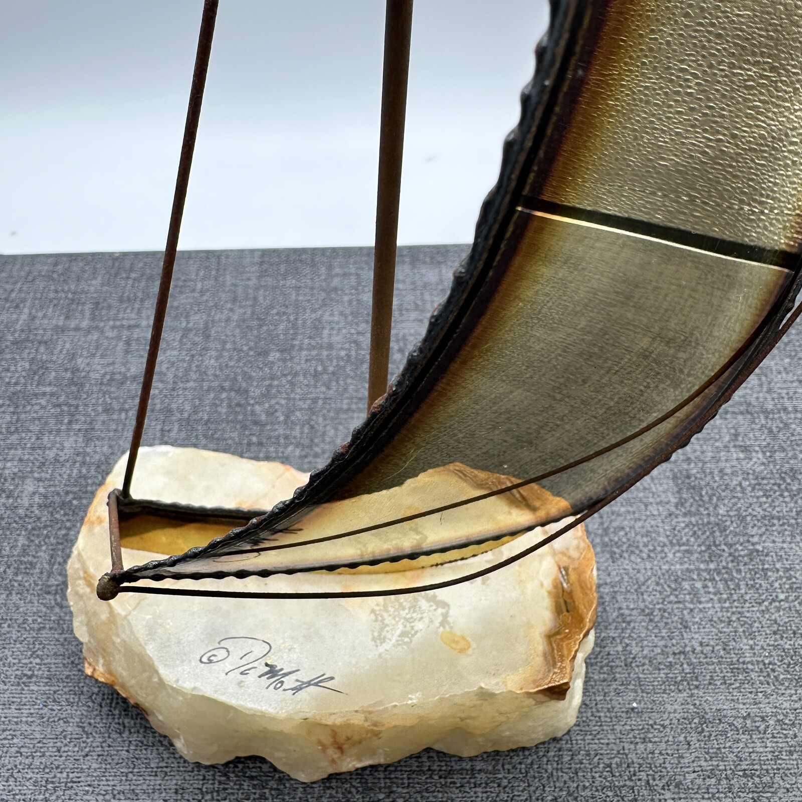 Vtg John DeMott Signed Metal Sailboat Sculpture Stone Base 10″ MCM 1975 Tag