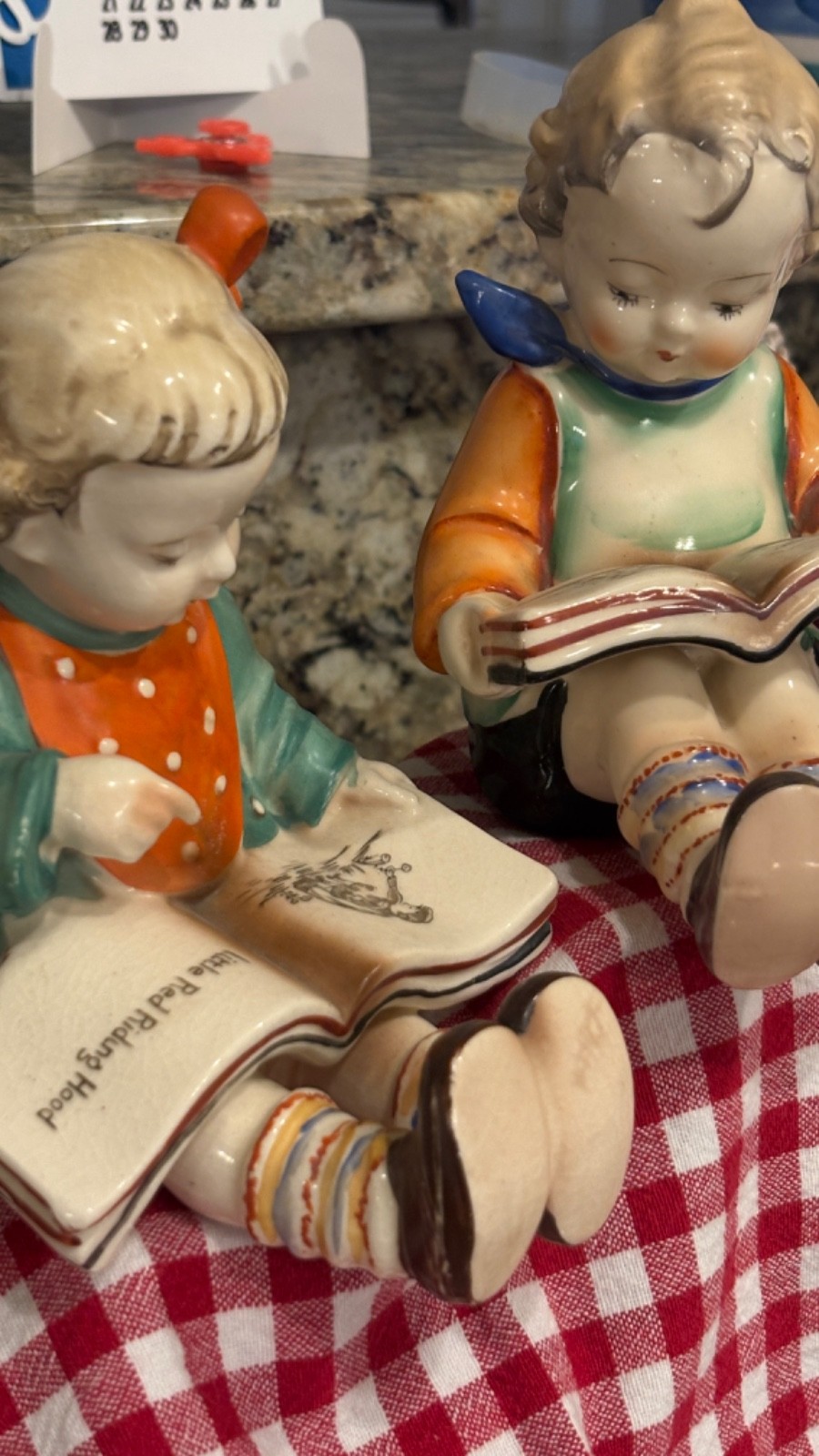 Vintage Ceramic Storybook Children Figurines Pair Little Red Riding Hood Reader