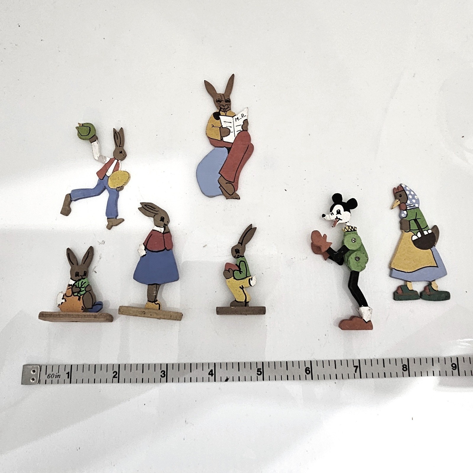 Vintage Hand Painted Wooden Miniatures Lot 7 Rabbits Mouse Hen Folk Art Figures