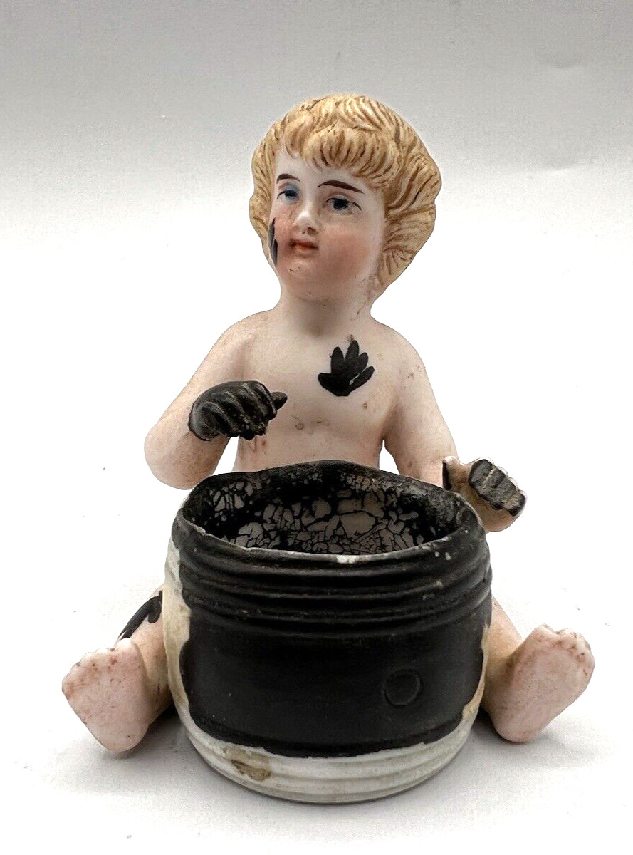 Gebruder Heubach-German Porcelain Bisque-Sitting Piano Baby With Inkwell Pot