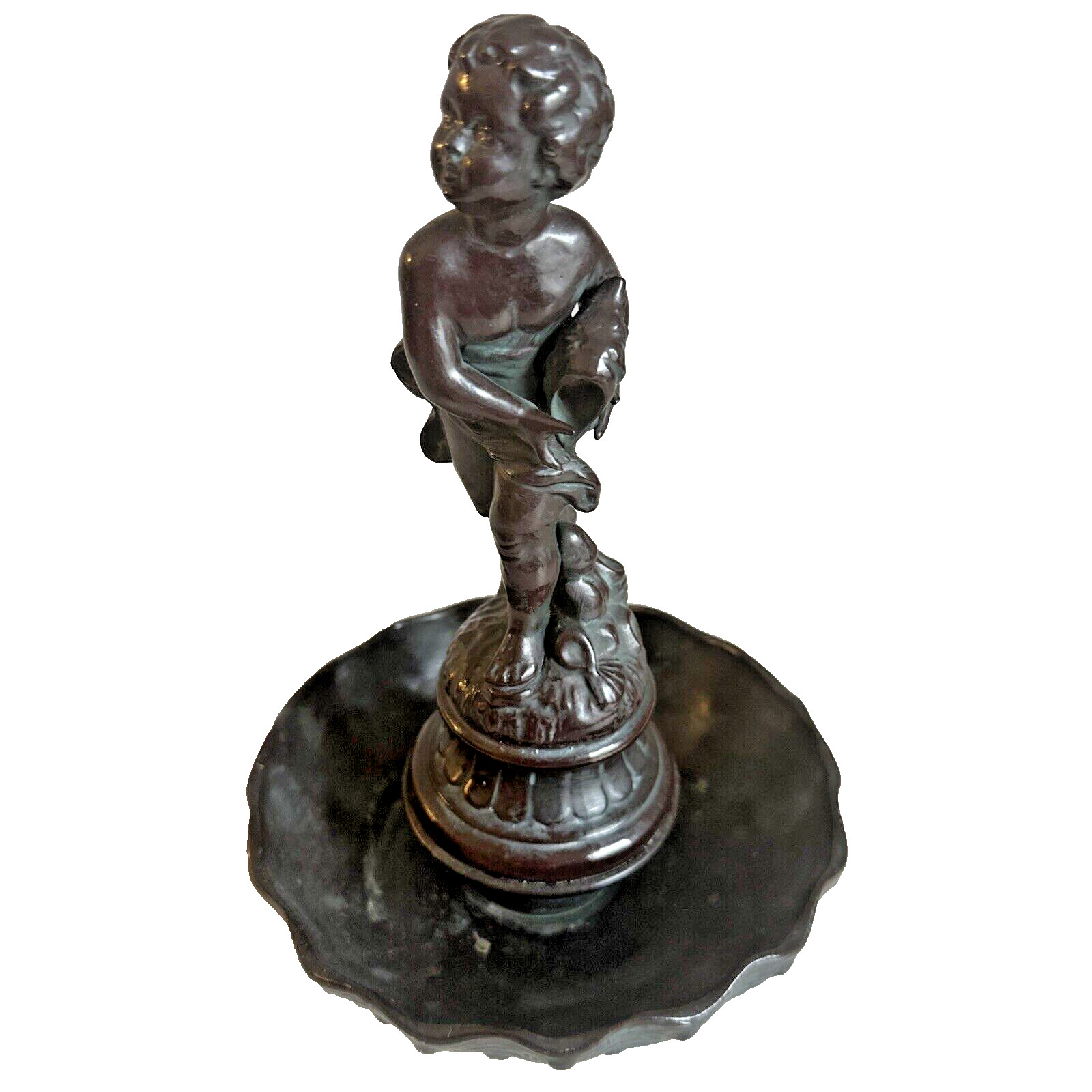 VTG Ceramic Cherub Boy with Shell Figurine Weighted Stand Bronze Color 9″ Tall
