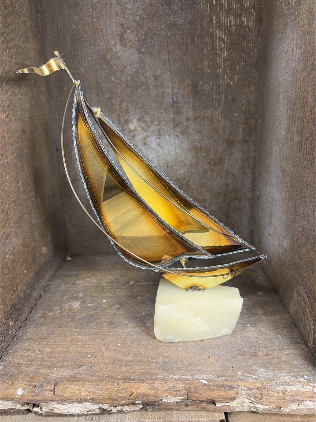 Mario Jason MCM Brutalist Brass Copper & Onyx Sailboat Sculpture Signed Base HBB