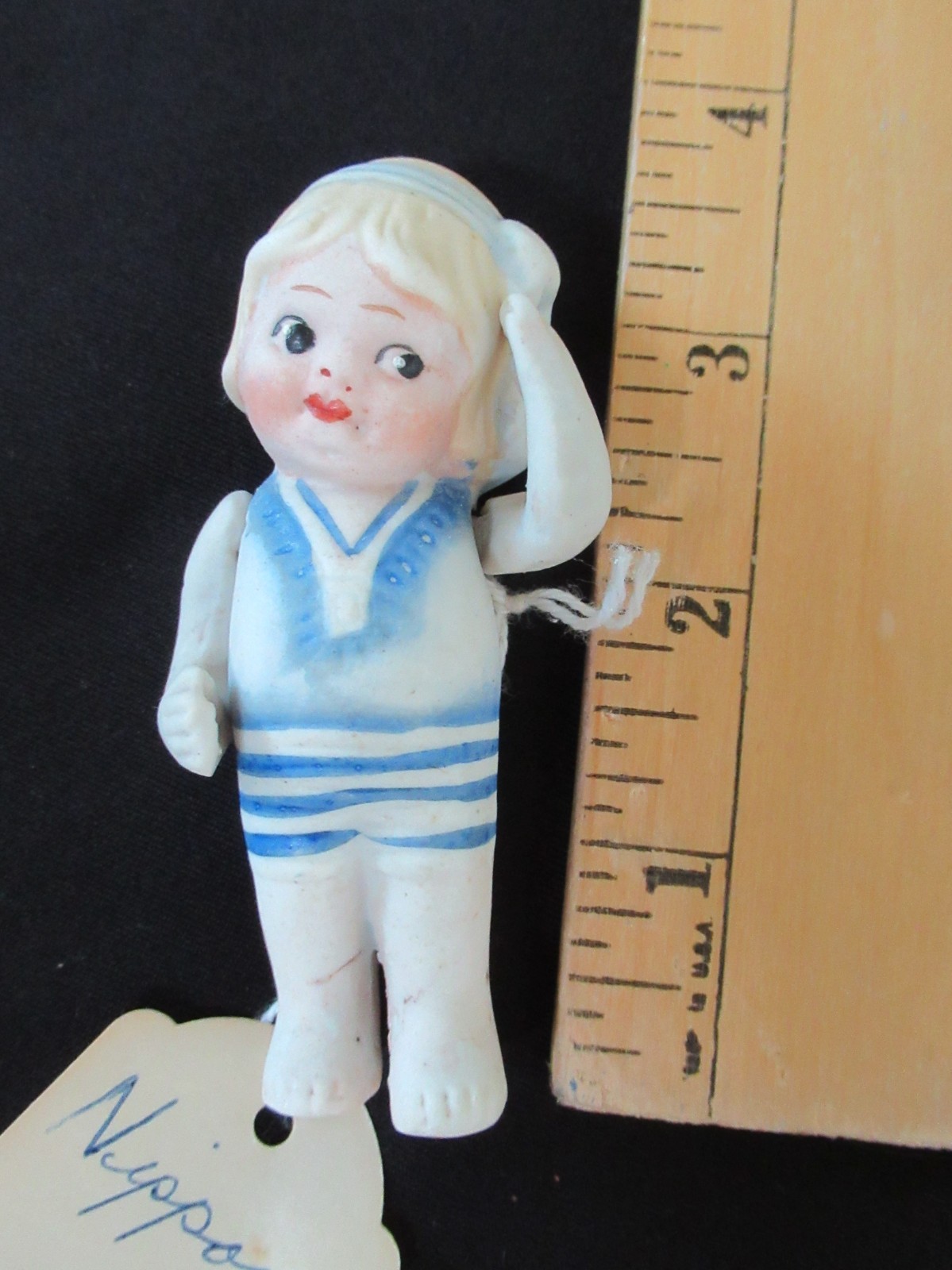 NIPPON Vintage jointed arms Bathing Beauty girl DOLL 3.5″ Porcelain Bisque blue