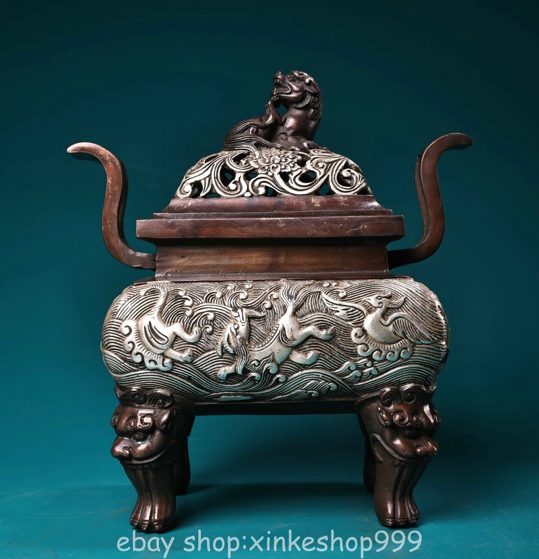 8.4″ Marked Chinese Copper Silver Dynasty Lion Beast censer incense burner