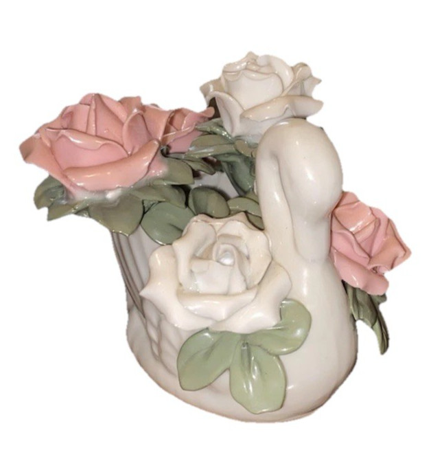 Vintage White Porcelain Swan Figurine Pink and White Roses Décor