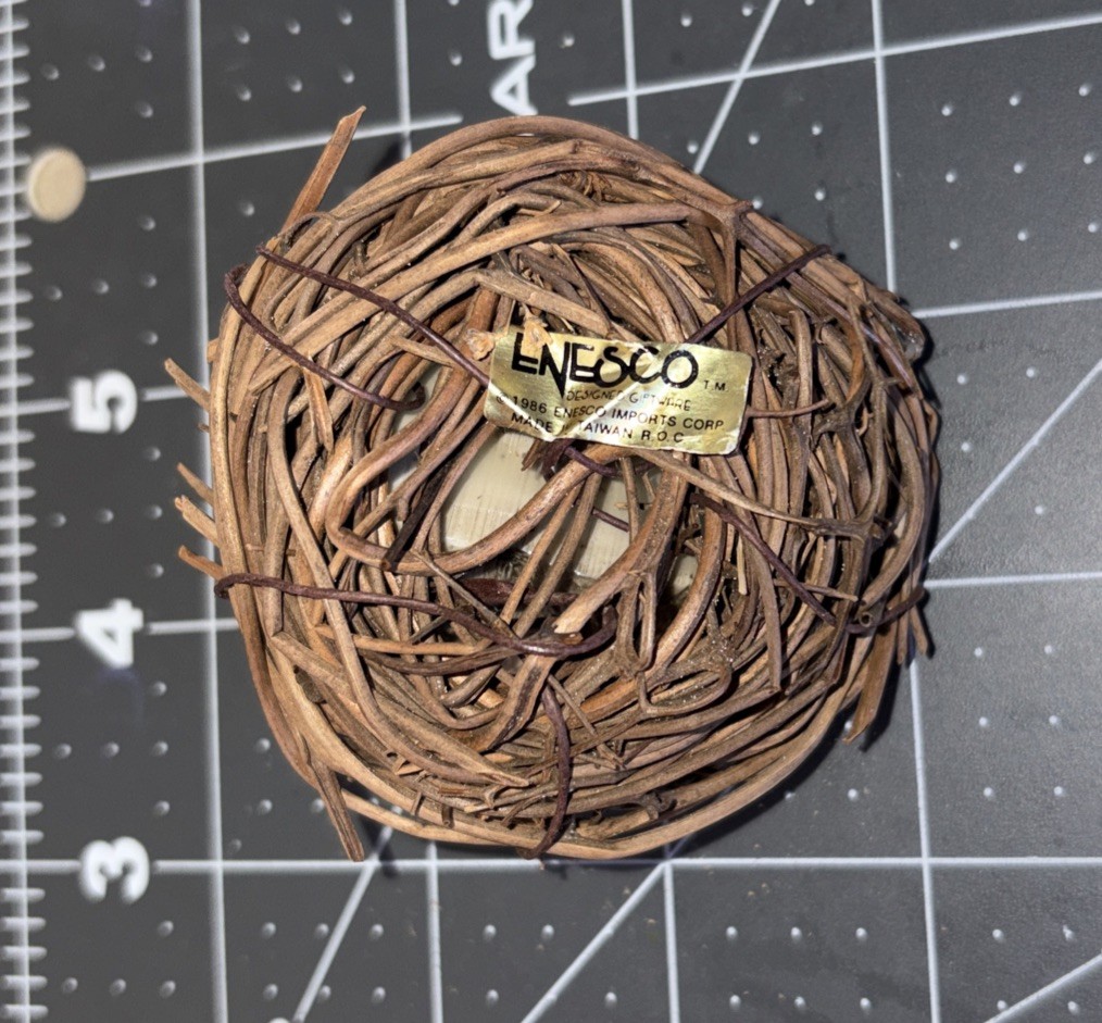 Vintage Ceramic Birds Figurine in Wooden Twig Nest Miniature Shelf Decor Enesco