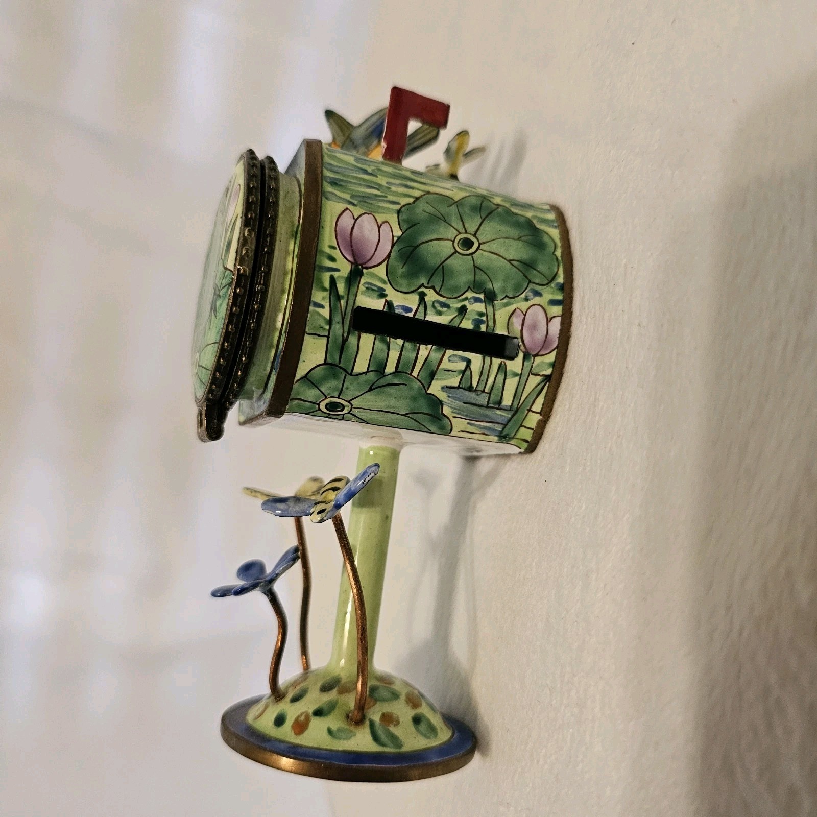 2001 Kelvin Chen Mini Copper Enameled Mailbox Stamp Dispenser Green Frogs AS IS!