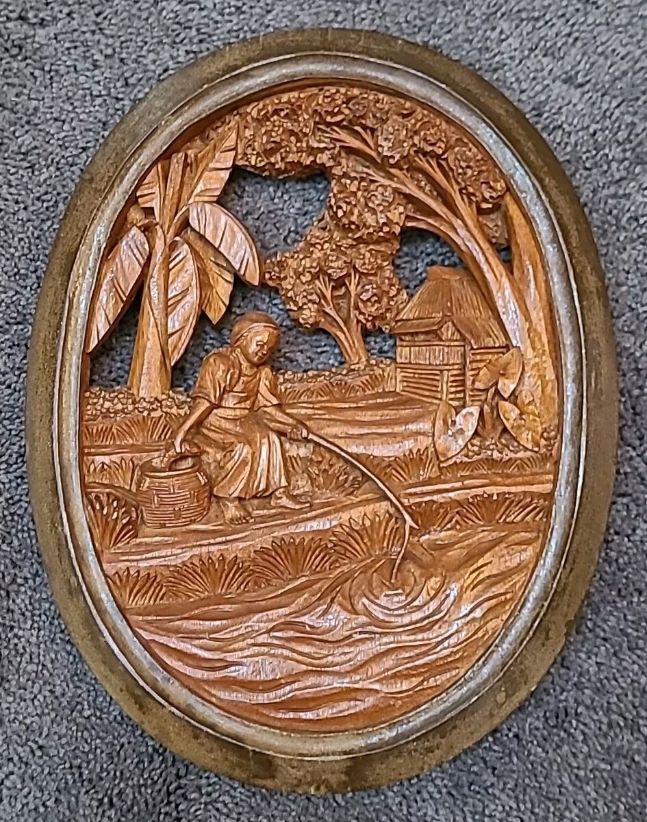 Vintage Philippines Hand Carving Wall Art Wood 1940s Man Fishing