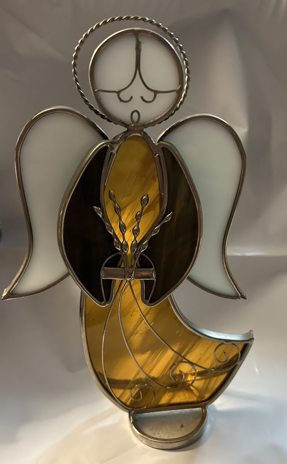 Vtg Stained Glass Standing Angel Figurine Amber White Brown 9” Holding Flowers