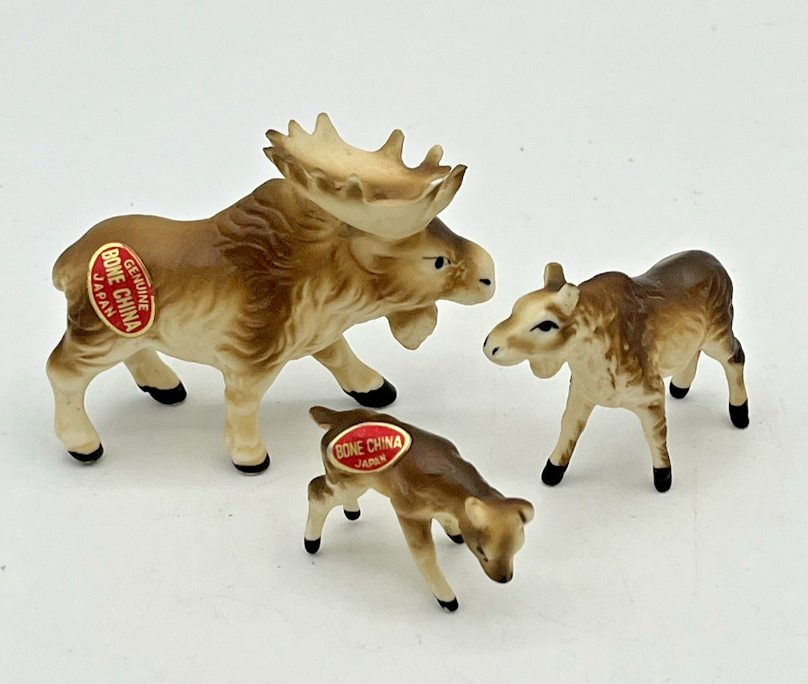 Vtg Miniature Bone China 3pc Moose Family Set Bull Cow Calf Figurine Japan 1960s