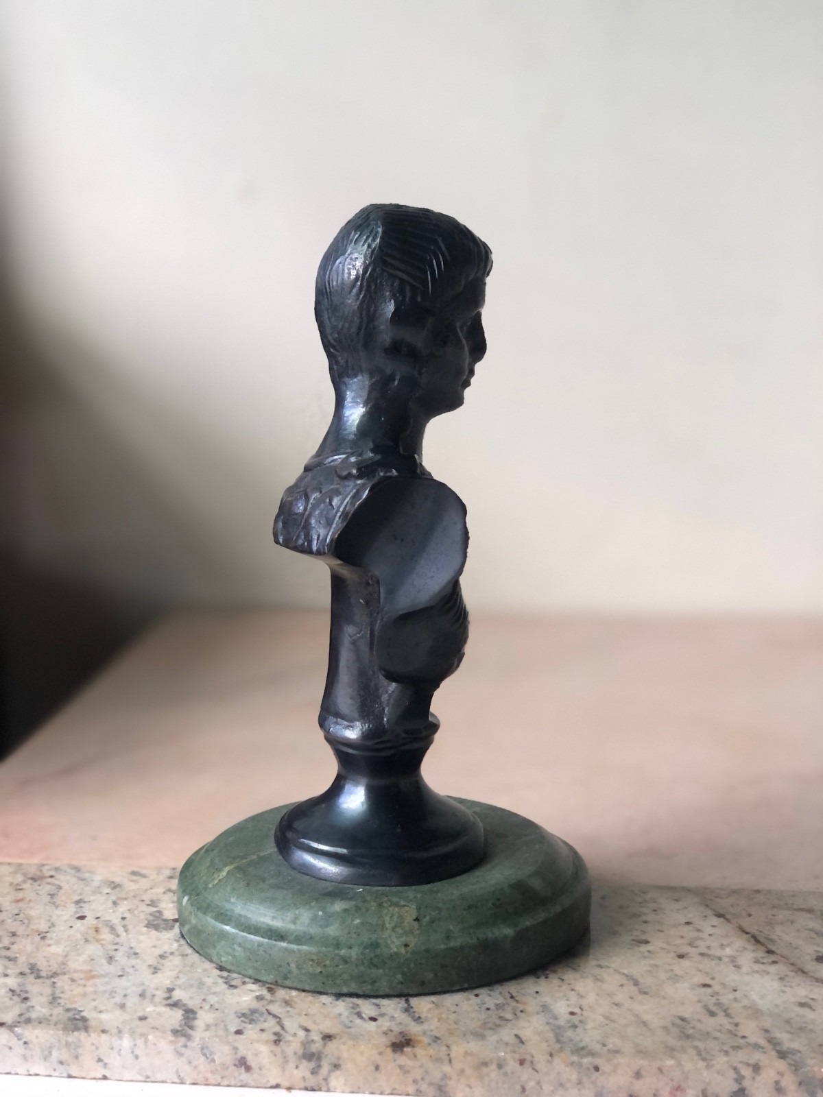 7″ Vintage Elegant Metal Bust of Augustus Caesar on Green Marble Base