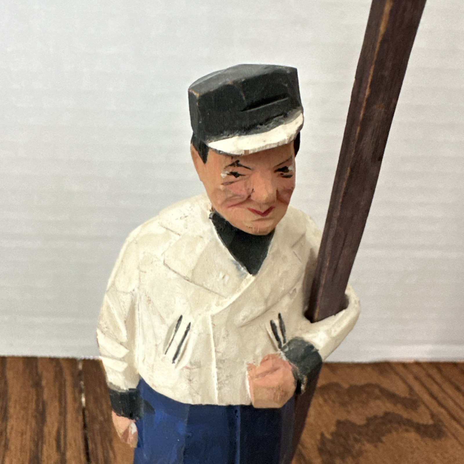 Vintage Hand Carved Wooden Folk Art Man & Woman With Ski Poles Figures Pair
