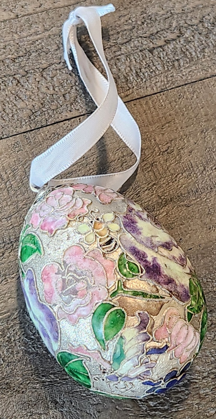 Franklin Mint Vintage Floral Metal Decorative Egg Inlay Enameled Flowers Bee