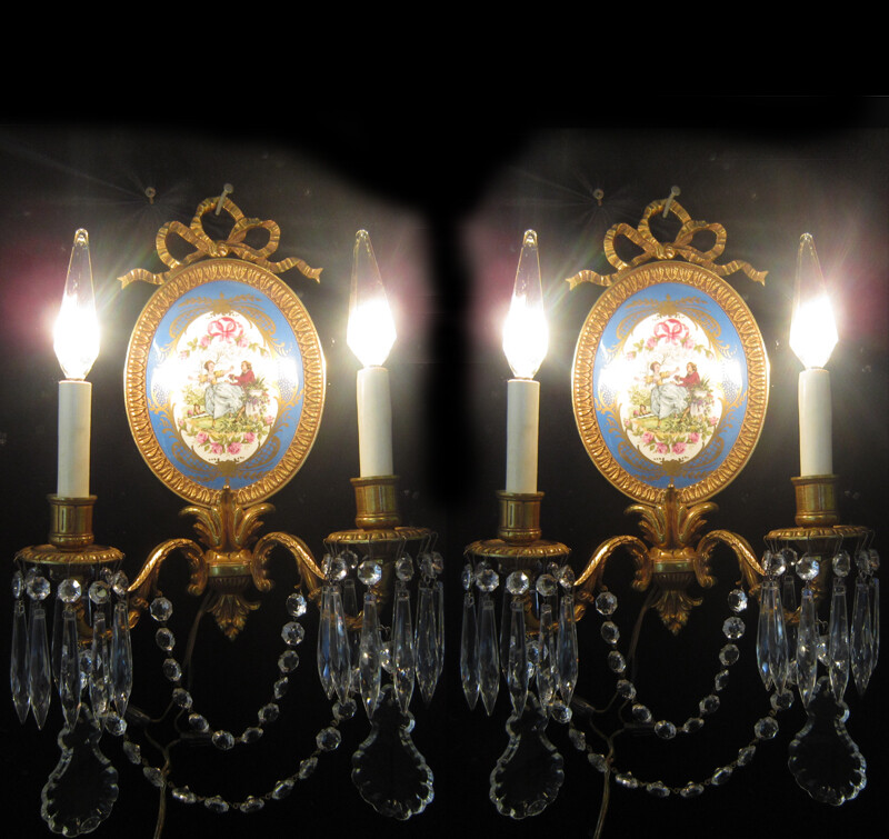 Pair 2-lite Sevres French Dore bronze sconce Porcelain Plaque like KPM