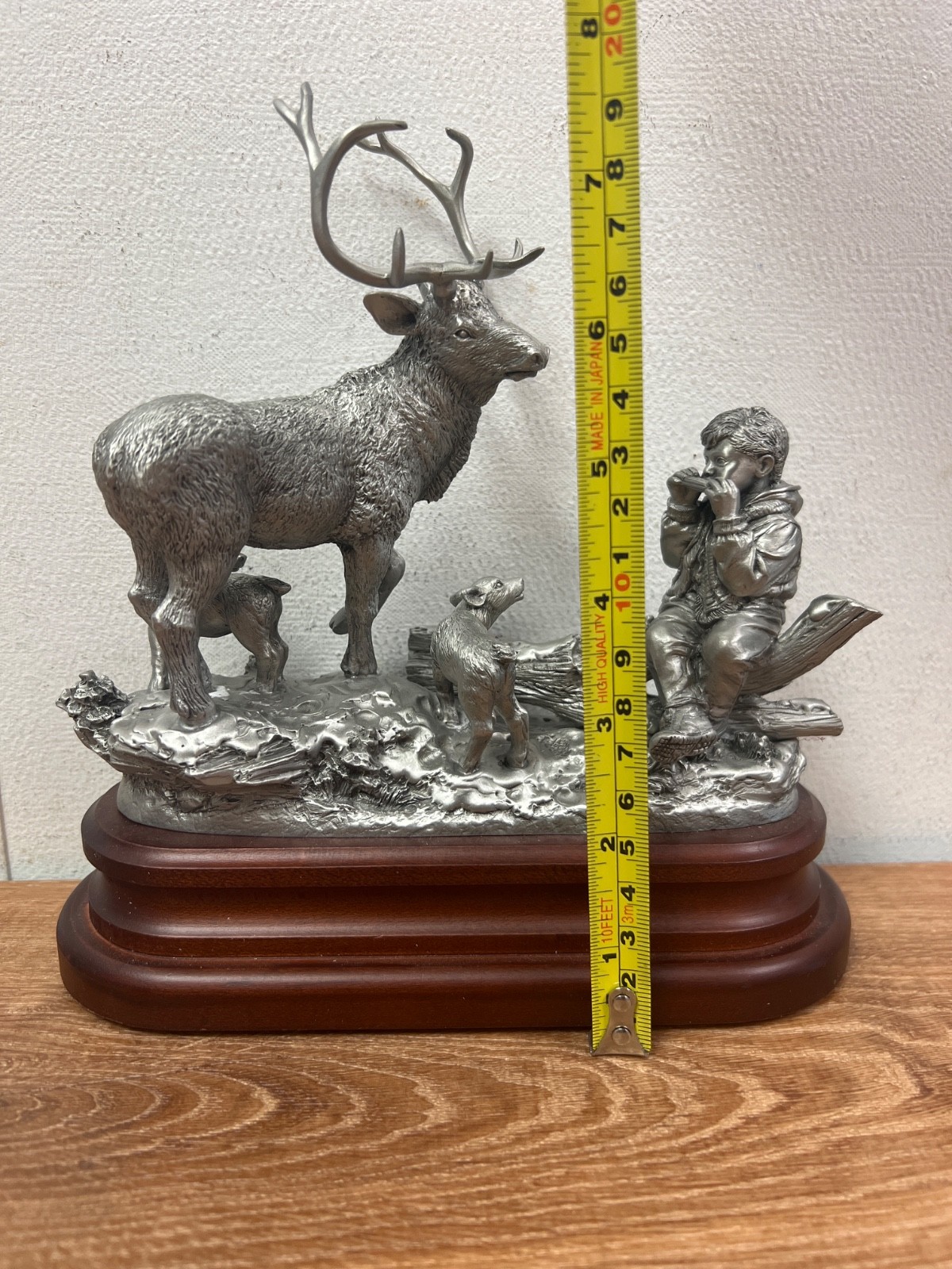 Pewter Deer & Boy Nature Wildlife Animal Figurine Wood Base 1993