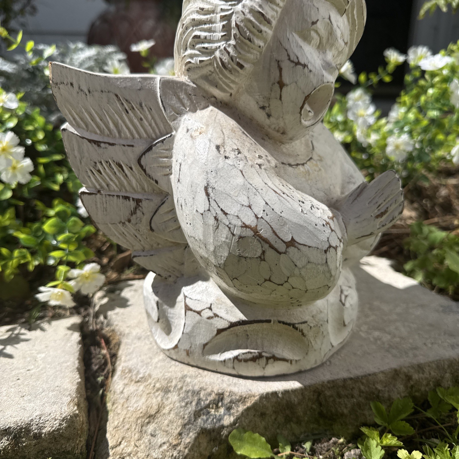 Vintage Carved Wood Angel Figurine Distressed White Folk Art Rustic Cottage Shab