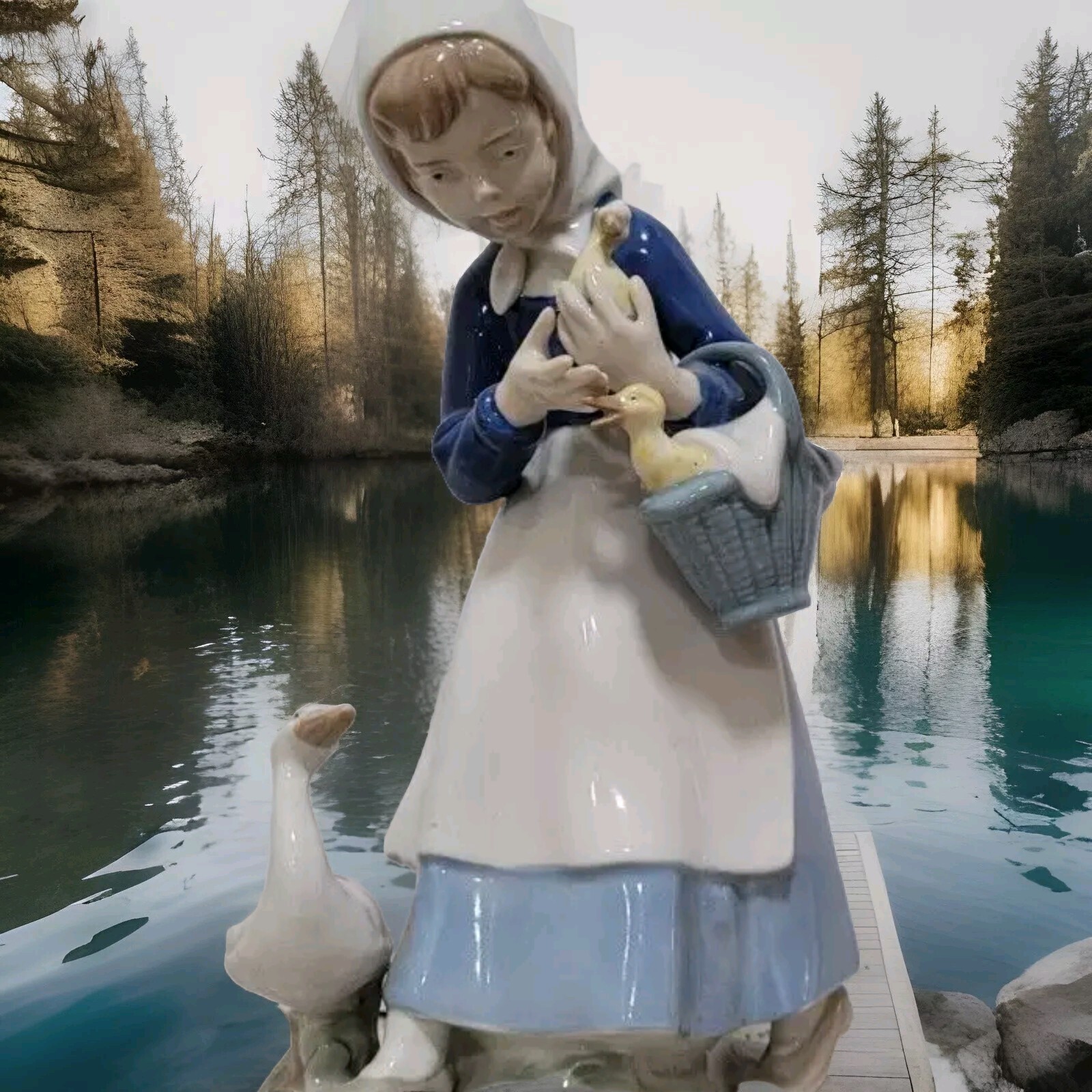 Vintage Porcelain Girl Basket & Ducks 10 1/2″ by Wagner & Apel Porzellan GDR