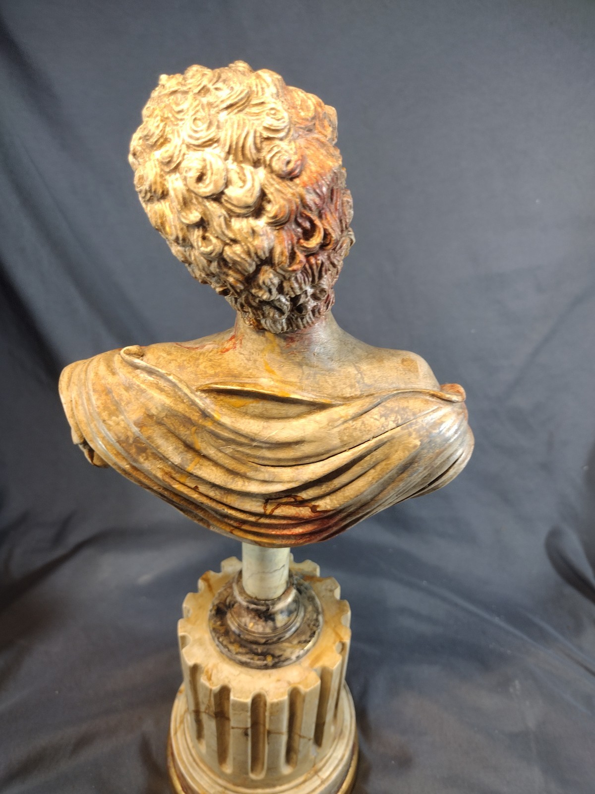 Vintage ’80s Spelter Apollo / Caesar Pop Art Bust Faux Marble Column Retro