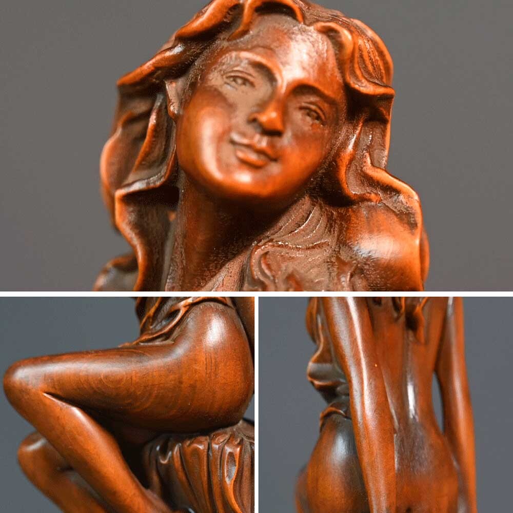 Chinese Boxwood Wood Carving Sexy Beautiful Woman Statue Wooden Sculpture Decor