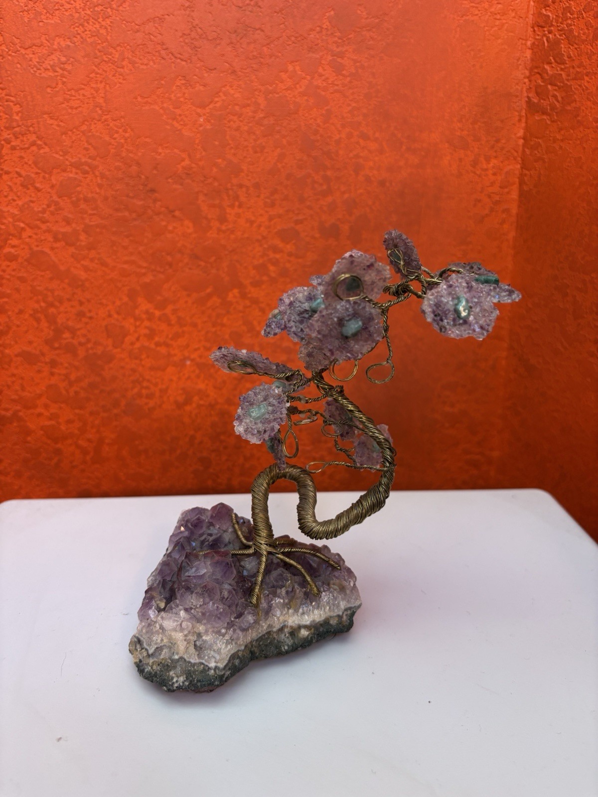 Gorgeous Vintage MCM Gold Finish Amethyst Jade Bonsai Tree Jade